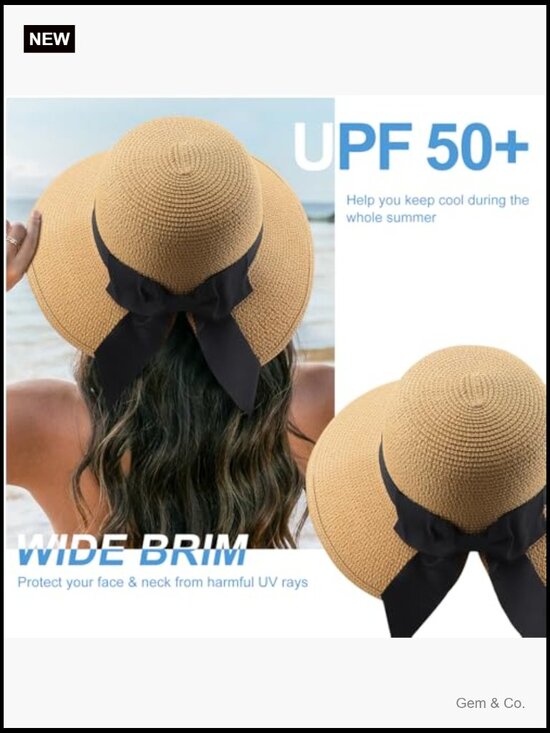 Foldable Straw Sun Hat with Bowknot UPF 50+ Travel Beach Hat display picture 3